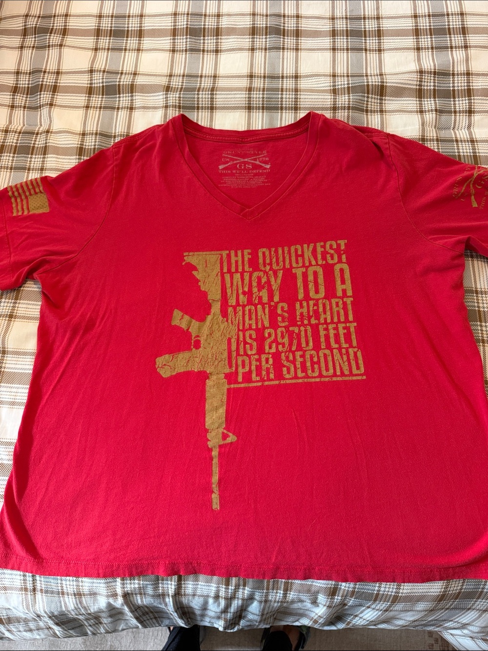 Grunt Style Red V-Neck Tee with Gold Graphic